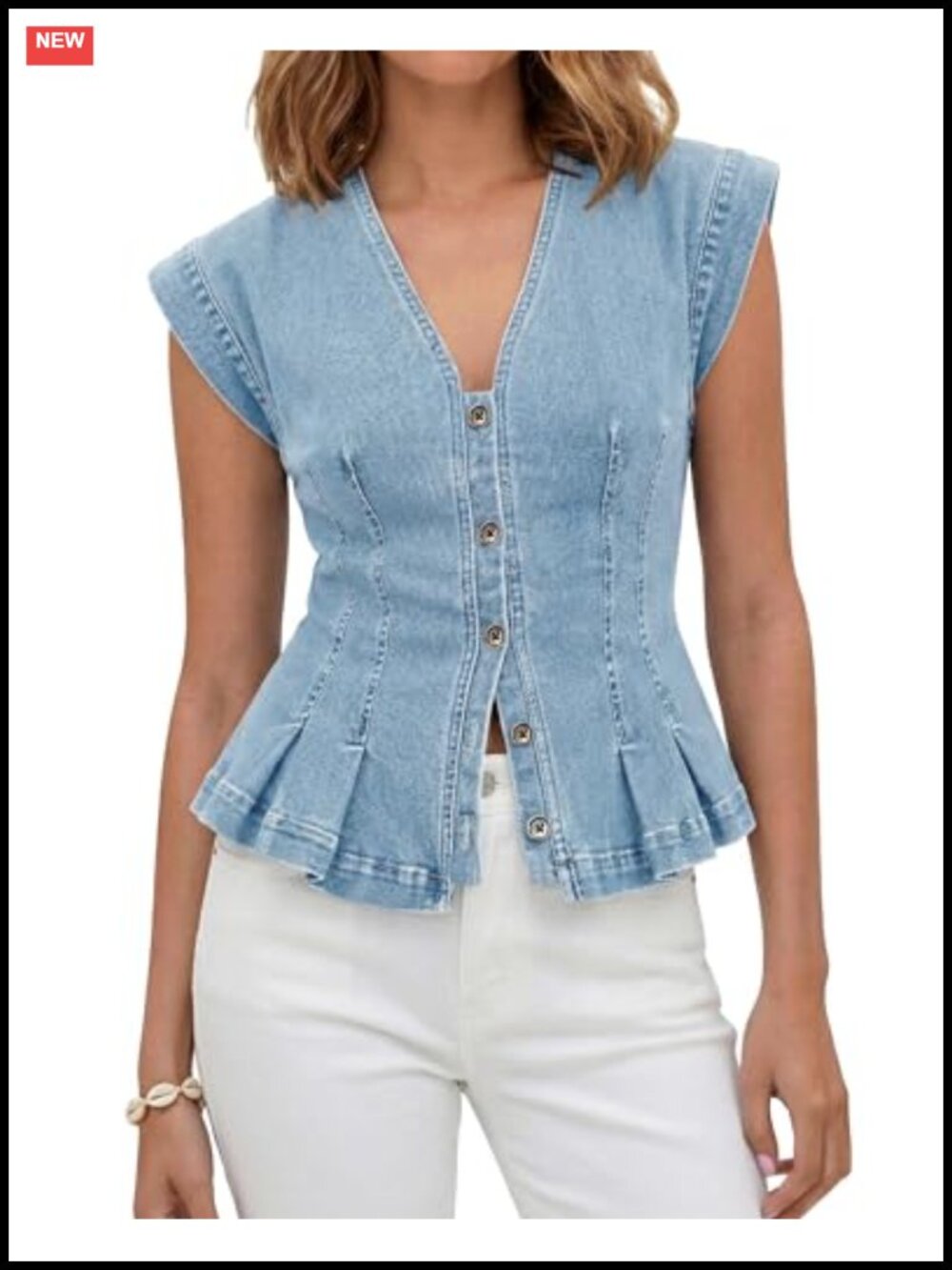 Sleeveless Denim Vest Peplum Top Button Down V-Neck Slim Fit Western Blouse
